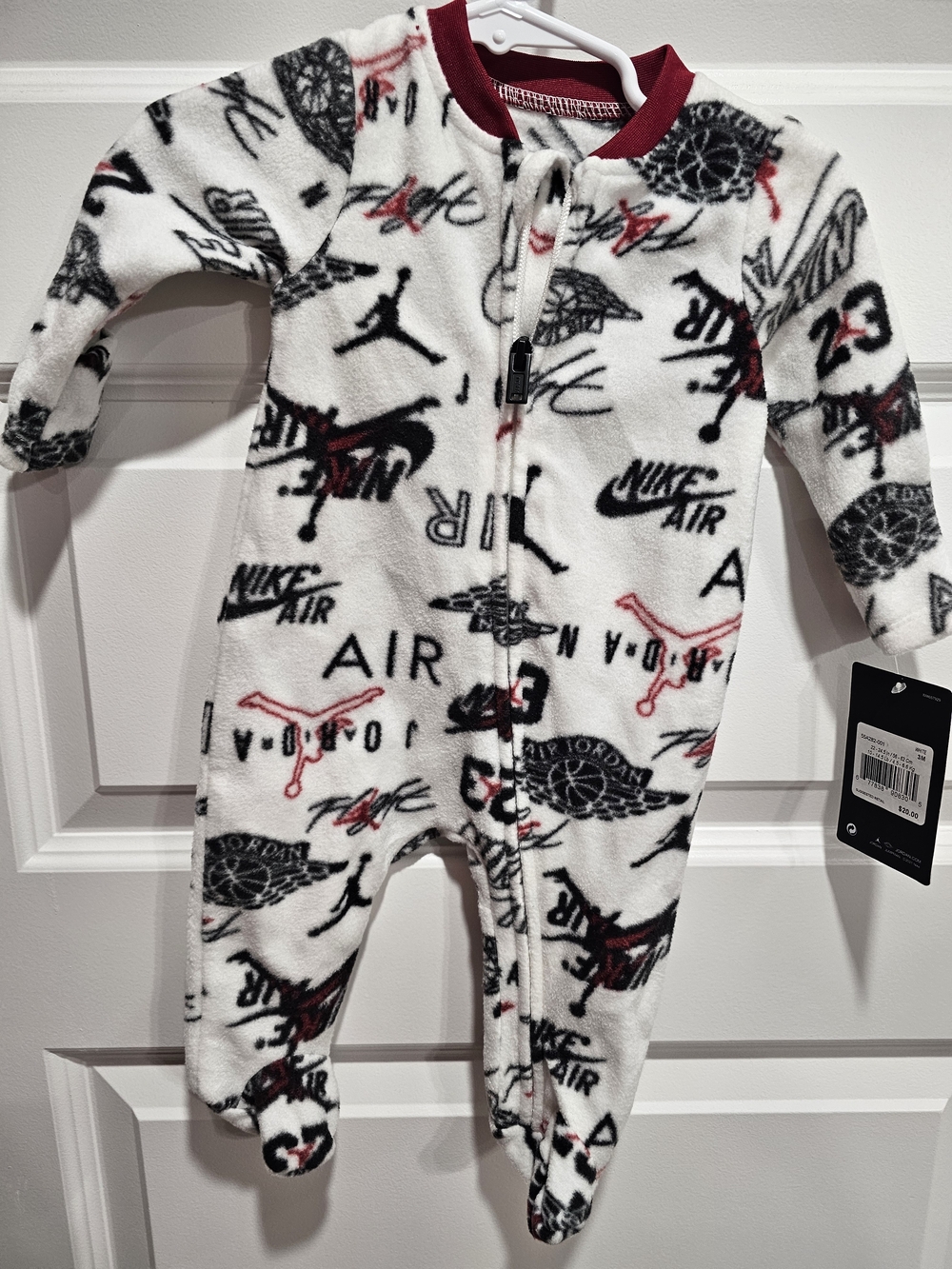 Jordan White and Burgundy Fleece Baby One-Piece Footie